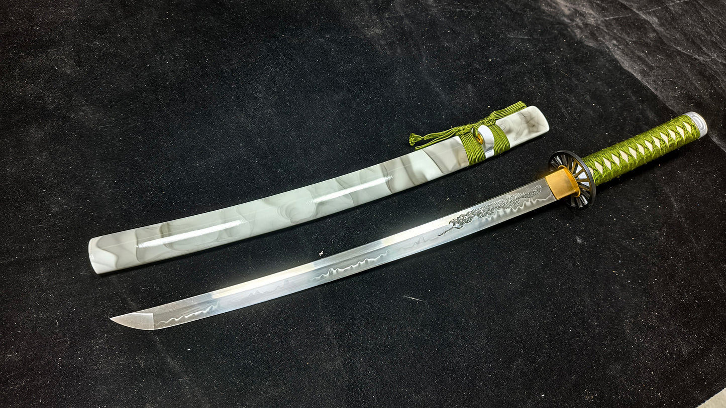 T10 forging process, burnt blade, hand carved dragon(A9)katana,Wakizashi