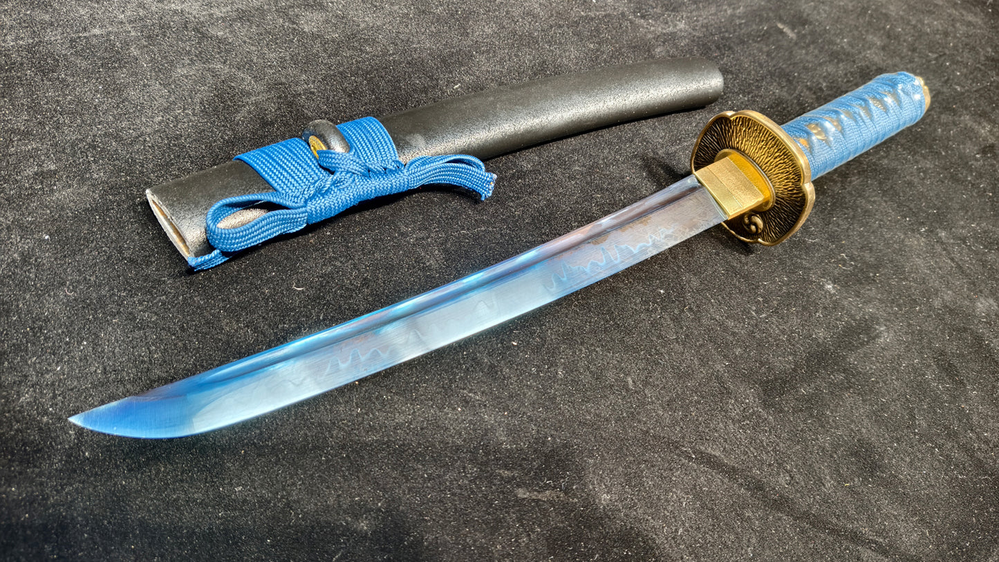 blue phantom assassin(T10 covered with soil and burnt the blade to form texture and quench blue)katana,short knife