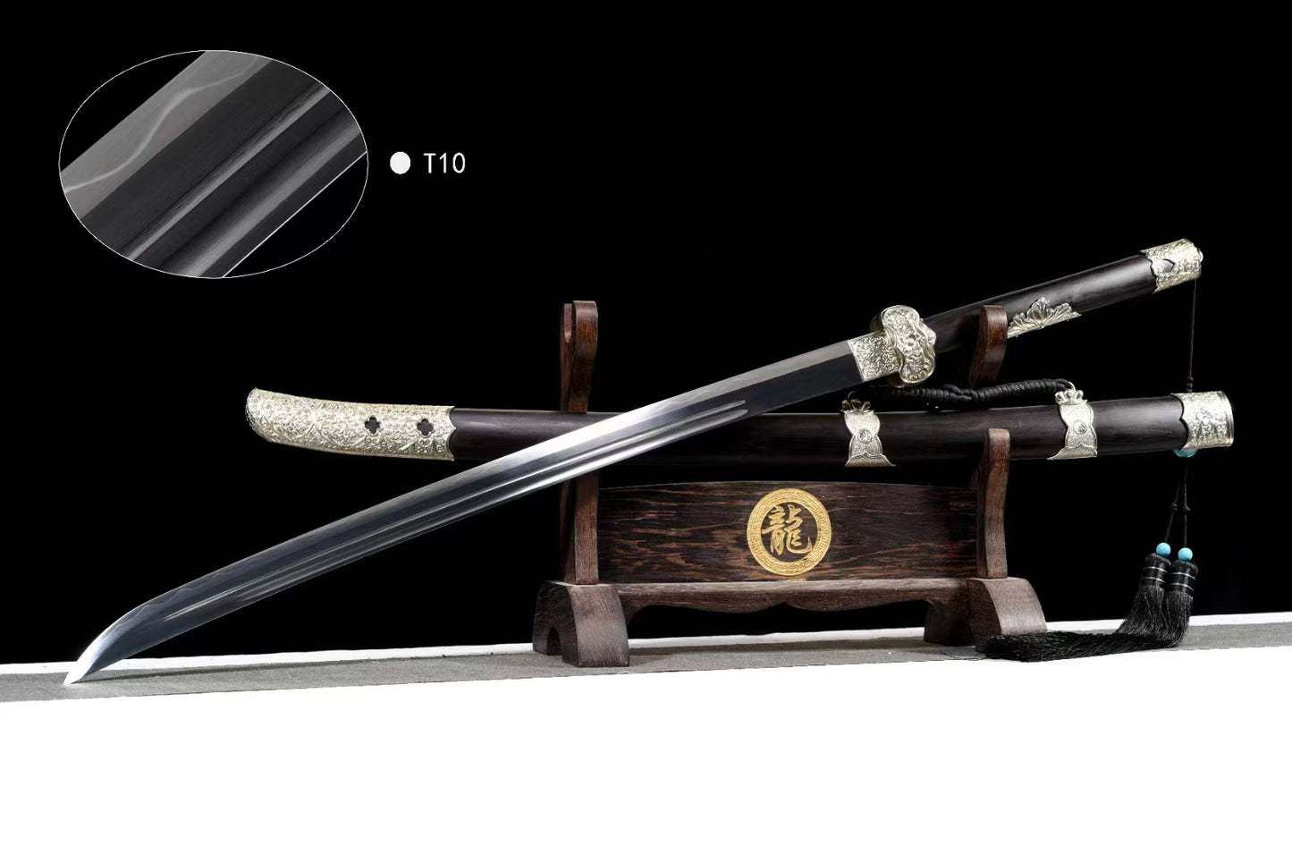 Waist knife T10 covered with clay and burnt blade ebony model丁白缨佩刀一白铜乌木款