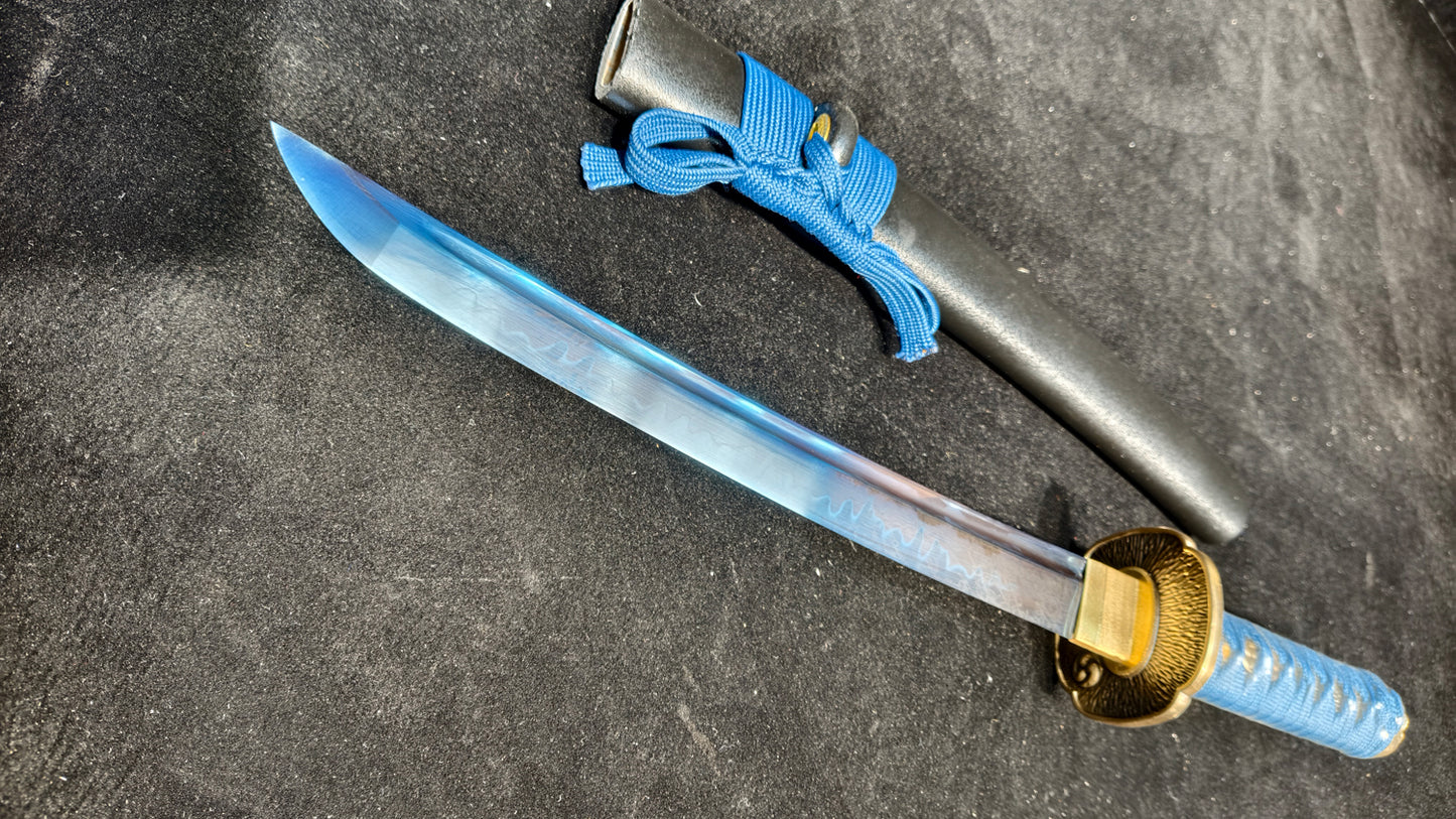 blue phantom assassin(T10 covered with soil and burnt the blade to form texture and quench blue)katana,short knife