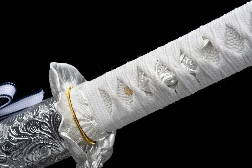 Qinghe Waming Katana, Full Tang Construction, High Manganese Steel Blade, Silver Alloy Lotus & Frog Fittings, Silver Artificial Leather Wrapped Solid Wood Scabbard, Collectible Decorative Sword