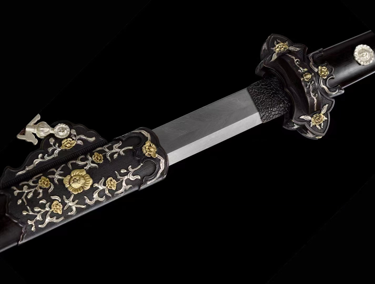 Pattern steel forging process feather pattern,Luxurious Peony Tang Knife 豪华牡丹唐刀