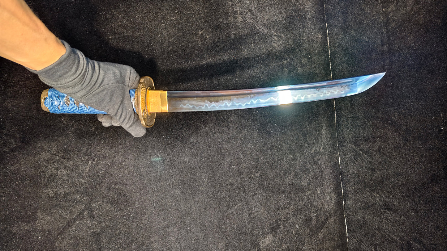 blue phantom assassin(T10 covered with soil and burnt the blade to form texture and quench blue)katana,short knife