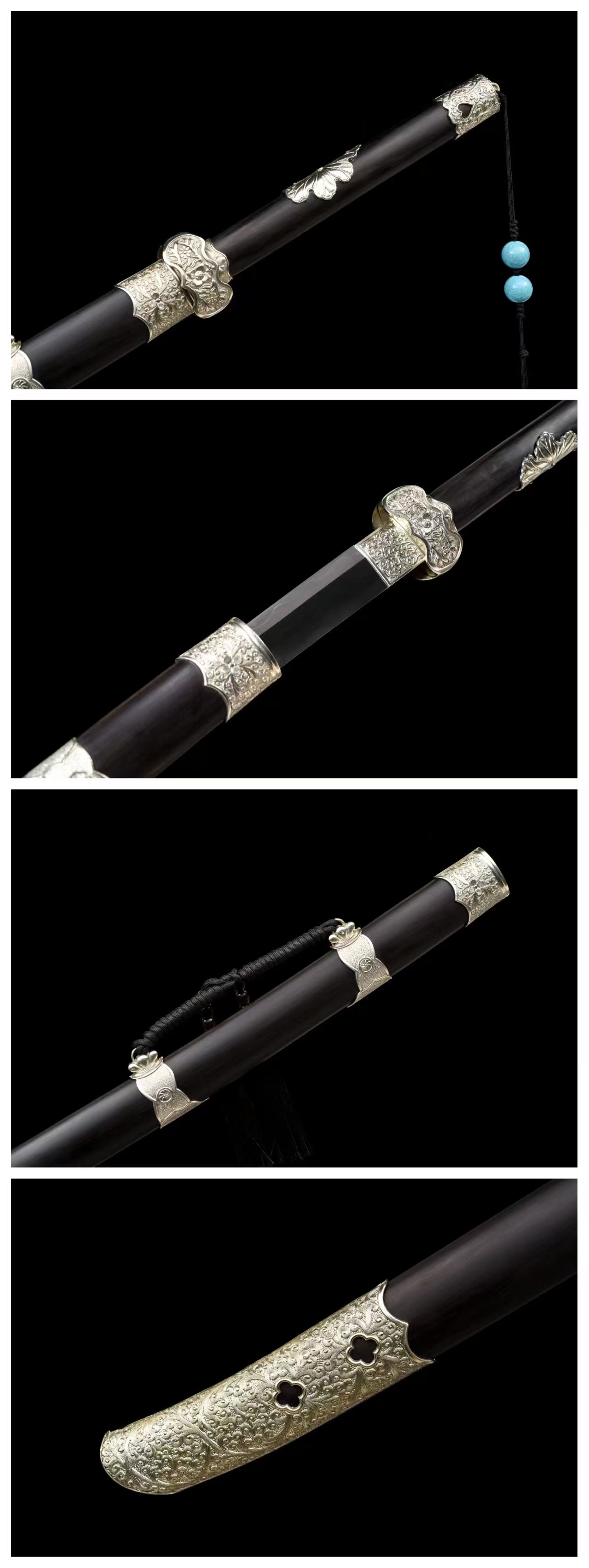 Waist knife T10 covered with clay and burnt blade ebony model丁白缨佩刀一白铜乌木款