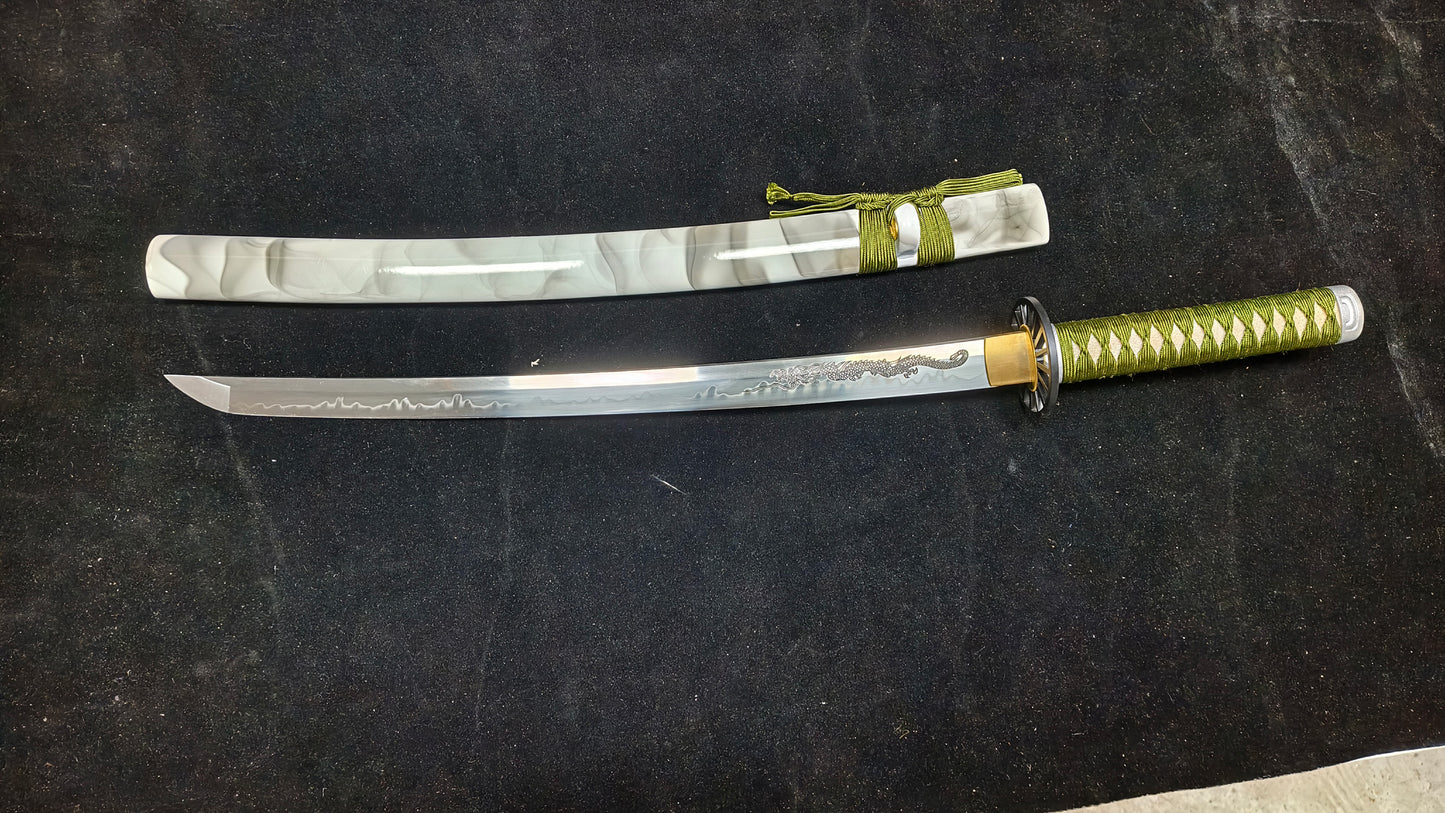 T10 forging process, burnt blade, hand carved dragon(A9)katana,Wakizashi