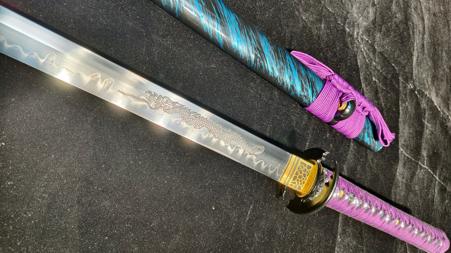 T10 (covering the soil and burning the blade to form wavy patterns) Ninja Sword, Carved dragon patter,katanan,Straight knife