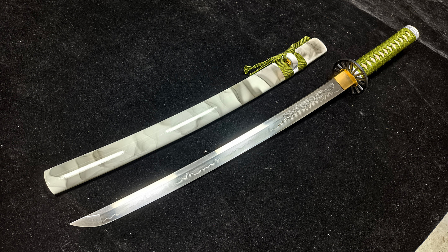 T10 forging process, burnt blade, hand carved dragon(A9)katana,Wakizashi