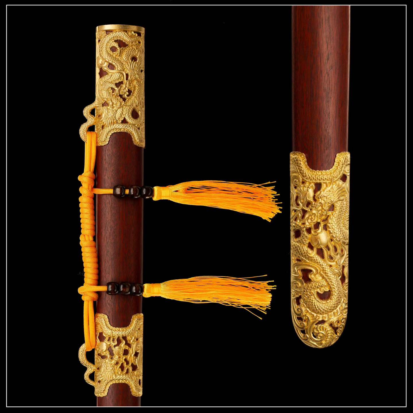 Nine‑Dragon Sword, Full Tang Hand Forged Damascus Steel Chinese Jian, Sharp Blade, Dual Fullers, Alloy Fittings With Gold‑Toned Open‑Work Dragon Ornaments, Dragon‑Phoenix Sandalwood Handle & Scabbard, Historical Collectible Sword