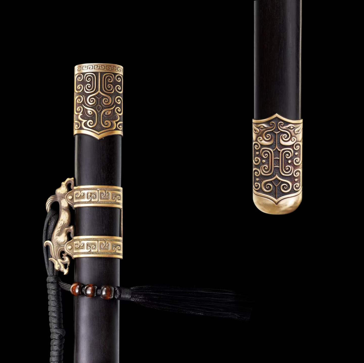 Taotao Ring Pommel Tang Dao, Full Tang Construction, Forged Damascus Steel Blade, Sharp Edge, Brass Taotao Carved Fittings, Premium Dragon Phoenix Rosewood Scabbard & Handle, Collectible Decorative Chinese Sword