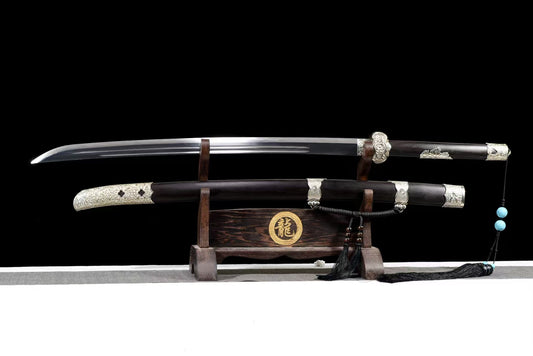 Waist knife T10 covered with clay and burnt blade ebony model丁白缨佩刀一白铜乌木款