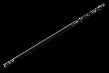 Integrated Full Tang High‑Manganese Steel Tang Straight Dao, Sharp Blade, One‑Piece Metal Handle, Solid Wood Scabbard Black‑Gold Dragon Pattern Ancient Chinese Collectible Sword