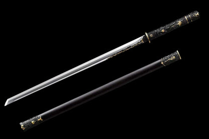 Integrated Full Tang High‑Manganese Steel Tang Straight Dao, Sharp Blade, One‑Piece Metal Handle, Solid Wood Scabbard Black‑Gold Dragon Pattern Ancient Chinese Collectible Sword