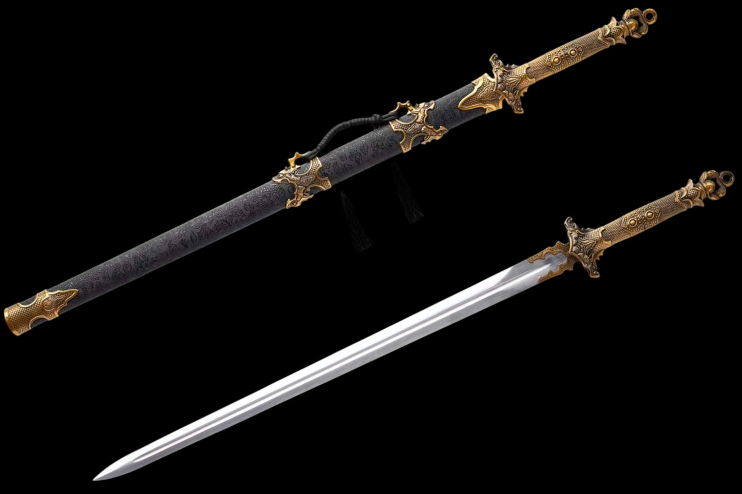 Sharp Blade Chinese Straight Sword, High‑Manganese Steel Blade, Integrated Alloy Handle, Wood Scabbard With Dragon‑Embossed Faux Leather, Historical Collectible Sword