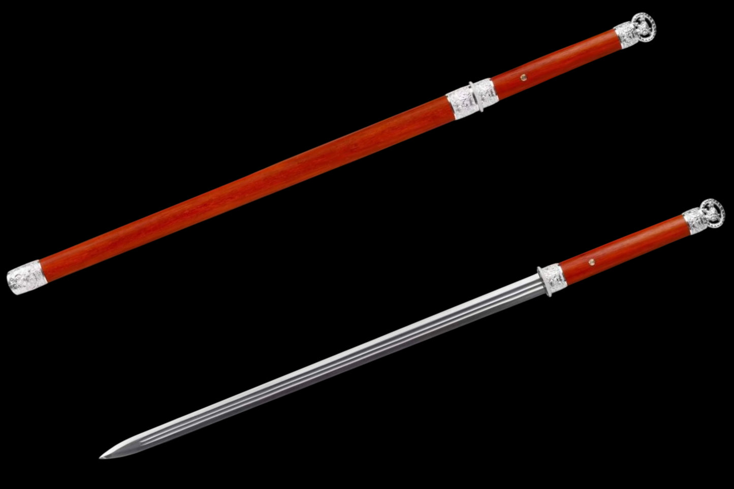 Cang‑Lin Ring‑Pommel Sword, Full Tang Construction, High‑Manganese Steel Forged Sharp Blade, Zinc Alloy Fittings, Premium Red Wood Handle And Scabbard, Collectible Display Sword