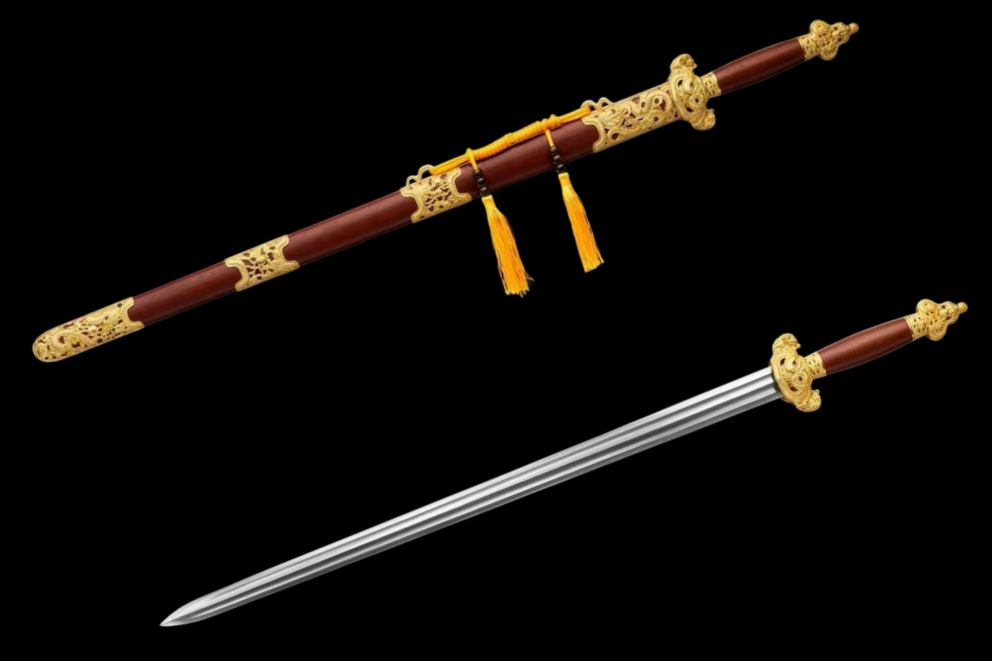 Nine‑Dragon Sword, Full Tang Hand Forged Damascus Steel Chinese Jian, Sharp Blade, Dual Fullers, Alloy Fittings With Gold‑Toned Open‑Work Dragon Ornaments, Dragon‑Phoenix Sandalwood Handle & Scabbard, Historical Collectible Sword