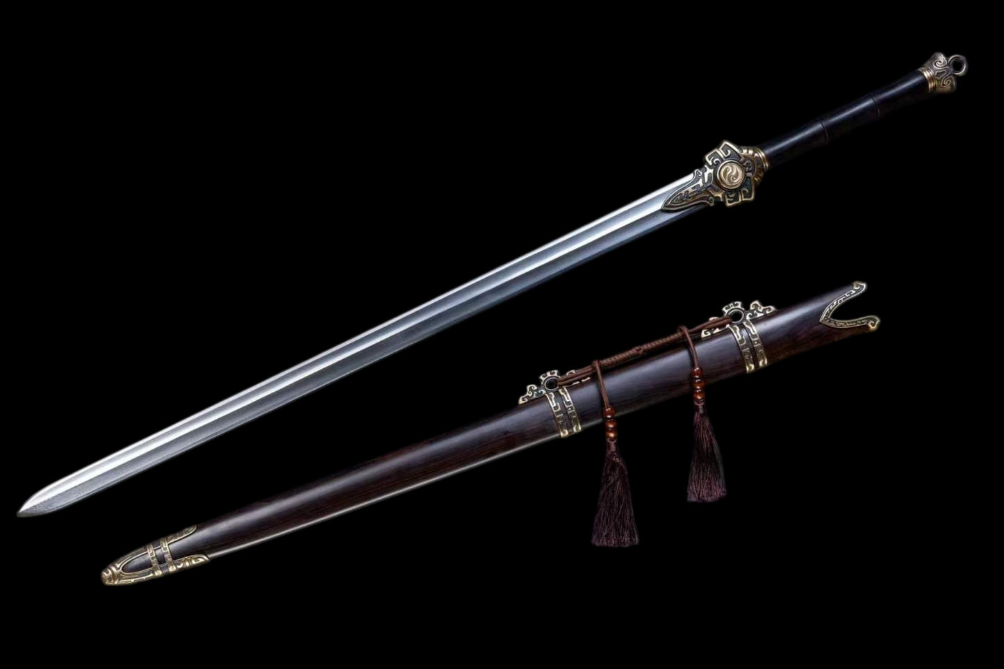 Xuan Heng Sword, Forged Damascus Steel Blade, Pure Copper Fittings, Premium Ebony Wood Handle and Scabbard, Chinese Mythical Taoist Collectible Sword
