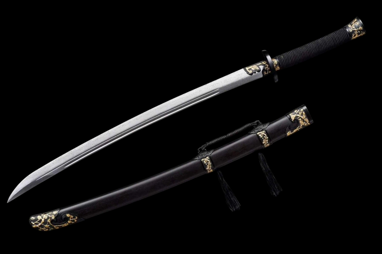 Han‑Mei‑Jin Spring‑Autumn Dao, Full Tang Construction, Sharp Blade, Damascus Steel Forged, Plum‑Blossom Alloy Fittings, Cord‑Wrapped Wood Handle, Premium Dragon‑Phoenix Hardwood Scabbard, Historical Replica Collectible Sword
