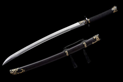 Han‑Mei‑Jin Spring‑Autumn Dao, Full Tang Construction, Sharp Blade, Damascus Steel Forged, Plum‑Blossom Alloy Fittings, Cord‑Wrapped Wood Handle, Premium Dragon‑Phoenix Hardwood Scabbard, Historical Replica Collectible Sword