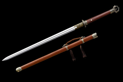 Lock‑Moon Ring‑Pommel Sword, Full Tang Construction, Sharp Blade, High‑Manganese Steel Forged Blade, Premium Dragon‑Phoenix Hardwood Handle And Scabbard, Historical Replica Collectible Sword