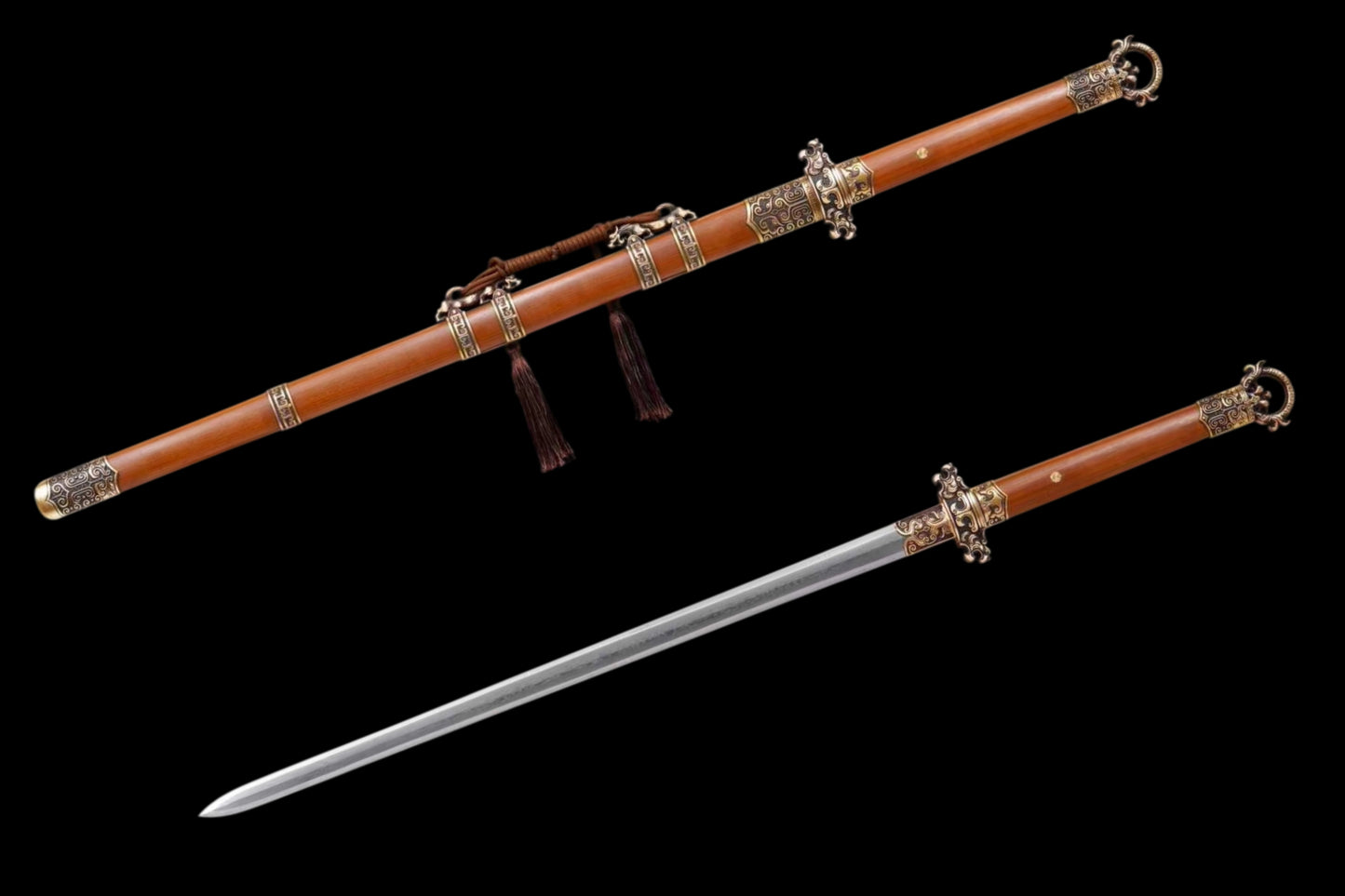 Autumn-Water Tang Sword, Full Tang Construction, Sharp Blade, Forged Damascus Steel, Brass Fittings, Premium Dragon-Phoenix Hardwood Handle And Scabbard, Ancient Chinese Heroic Replica Sword