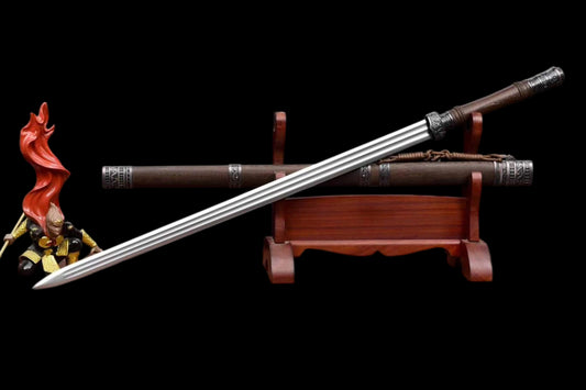 Wolong Han Sword, Full Tang Construction, Sharp Blade, High‑Manganese Steel With Three Fullers, Vintage Alloy Fittings, Premium Pear Wood Handle And Scabbard, Historical Collectible Sword