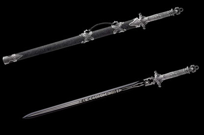 Xuan‑Lin Imperial Qilin Jian, Full Tang Construction, Sharp Blade, Forged High Manganese Steel, Alloy Fittings, One‑Piece Alloy Handle, Solid Wood Artificial Leather Wrapped Scabbard, Historical Collectible Chinese Sword