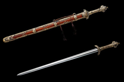 Yu‑Chen Coiled Dragon Jian, Full Tang Construction, Sharp Blade, Hand‑Forged Damascus Steel, Antique‑Finished Solid Copper Fittings, One‑Piece Copper Handle, Dragon‑Phoenix Hardwood Scabbard Wrapped With Full Copper, Historical Collectible Chinese Sword