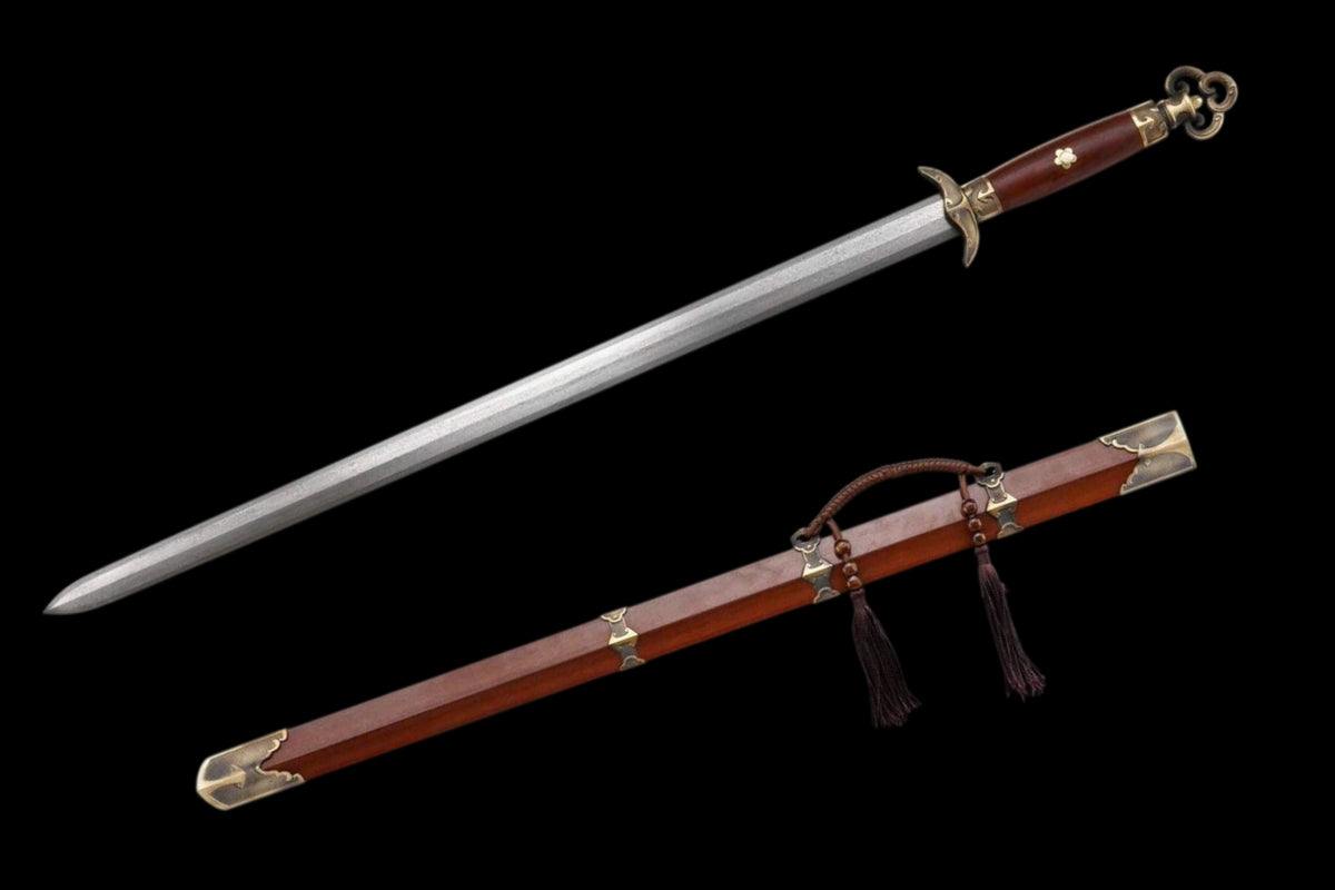Hanchuan Song Dynasty Chinese Sword, Full Tang Construction, Sharp Blade, Eight‑Sided Forged Damascus Steel, Antique Bronze Cloud‑Pattern Fittings, Premium Dragon‑Phoenix Hardwood Handle And Scabbard, Historical Collectible Sword