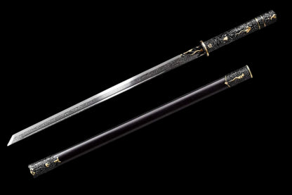 Darknight Tang Heng Dao, Full Tang Construction, Sharp Blade, Forged Damascus Steel, Alloy Cloud‑Beast Carved Fittings, Premium Dragon‑Phoenix Hardwood Scabbard, Historical Collectible Chinese Sword