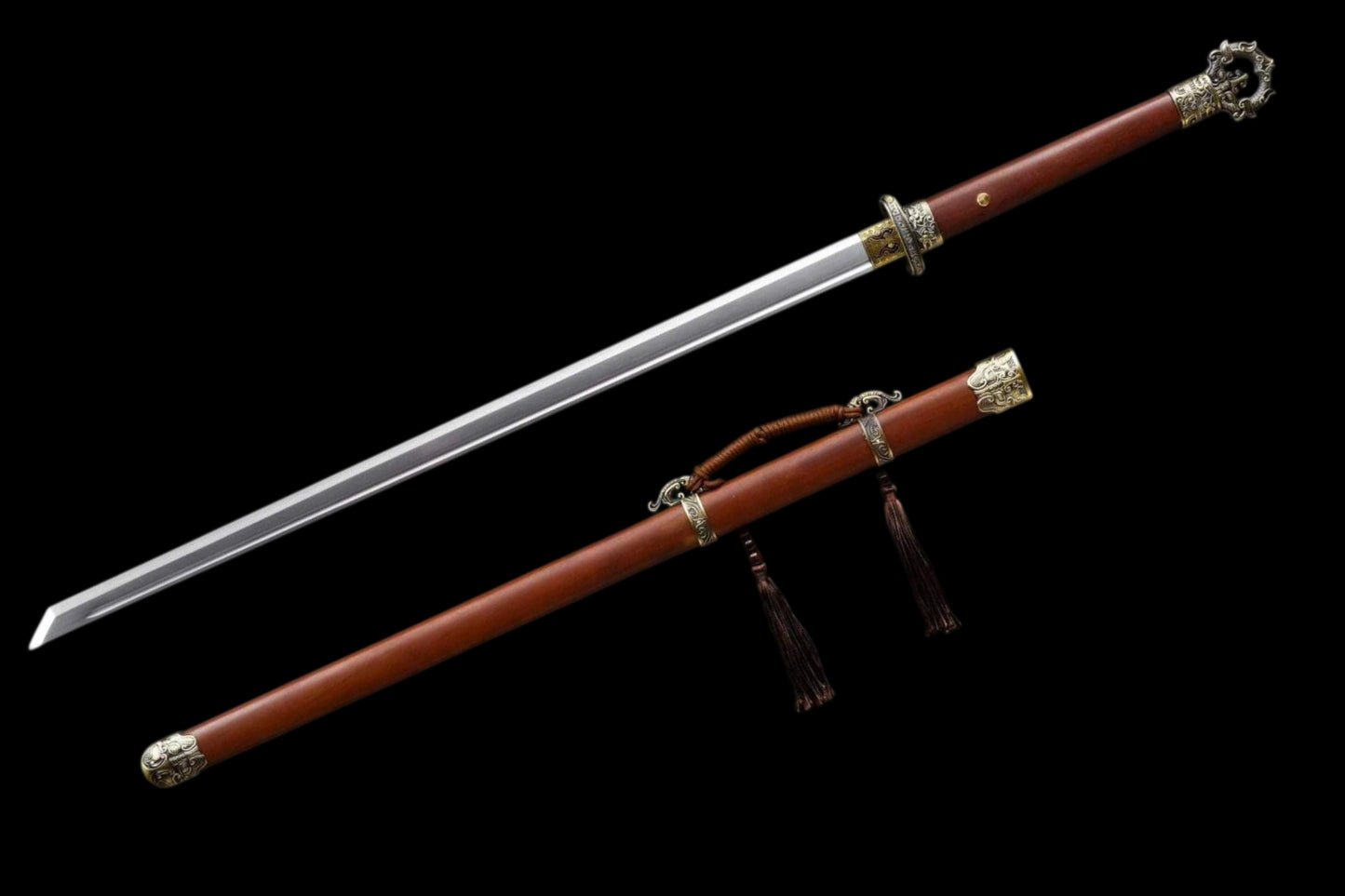Ring-Pommel Tang Dao, Full Tang Construction, Sharp Blade, Forged High Manganese Steel, Alloy Fittings, Premium Dragon-Phoenix Hardwood Handle & Scabbard, Historical Chinese Collectible Sword