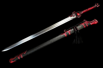 Blazing Dragon Soul Sword, One‑Piece Metal Handle, **Full Tang Construction, Sharp Blade**, Forged High‑Manganese Steel Blade, Red Alloy Dragon Fittings, Solid Wood Scabbard Wrapped in Artificial Leather, Chinese Fantasy Collectible Sword