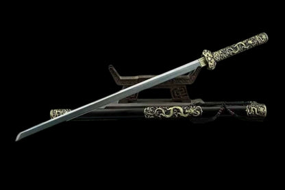 Rui Long Tang Dao, Damascus Steel Hand‑Forged Blade, Brass Intricately Carved Aged Fittings, Premium Ebony Scabbard, Full‑Tang Construction, Sharp Edge, Collectible Decorative Tang Sword