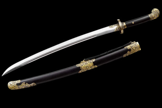 Peony Chinese Dao, Hand-Forged Damascus Steel Blade, Intricately Hand-Carved Brass Fittings, Premium Dragon Phoenix Hardwood Scabbard & Handle, Full-Tang Construction, Collectible Qing Style Saber, Sharp Blade