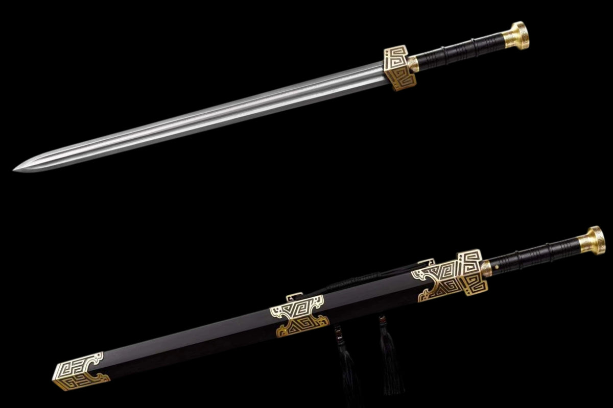 King Qin Jian, Full Tang Construction, Hand-Forged Damascus Steel Blade, Sharp Edge, Hand Polished, Brass Fittings, Premium Dragon Phoenix Hardwood Scabbard & Handle, Collectible Chinese Han Sword