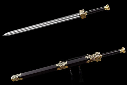 King Qin Jian, Full Tang Construction, Hand-Forged Damascus Steel Blade, Sharp Edge, Hand Polished, Brass Fittings, Premium Dragon Phoenix Hardwood Scabbard & Handle, Collectible Chinese Han Sword