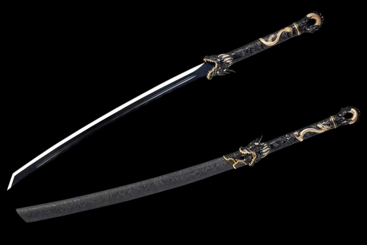 Black Dragon Battle Dao, Full Tang Construction, High Manganese Steel Blade, Alloy Fittings, Artificial Leather Wrapped Solid Wood Scabbard, Collectible Decorative Chinese Sword