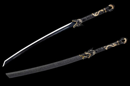 Black Dragon Battle Dao, Full Tang Construction, High Manganese Steel Blade, Alloy Fittings, Artificial Leather Wrapped Solid Wood Scabbard, Collectible Decorative Chinese Sword