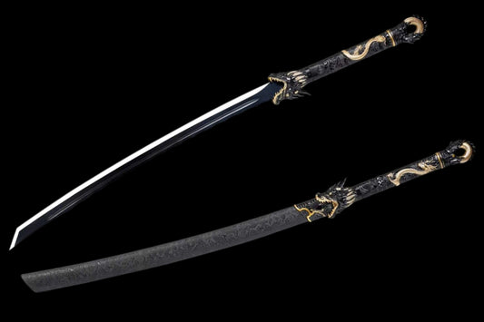 Black Dragon Battle Dao, Full Tang Construction, High Manganese Steel Blade, Alloy Fittings, Artificial Leather Wrapped Solid Wood Scabbard, Collectible Decorative Chinese Sword