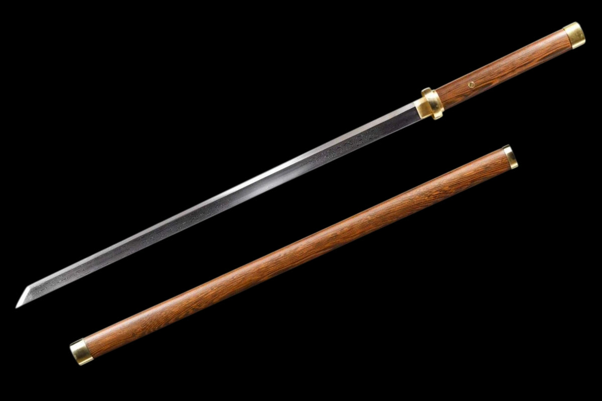 Straight Chinese Tang Dao, Full Tang Construction, Hand-Forged Damascus Steel Blade, Sharp Edge, Hand Polished, Brass Fittings, Premium Wenge Wood Scabbard & Handle, Collectible Chinese Sword