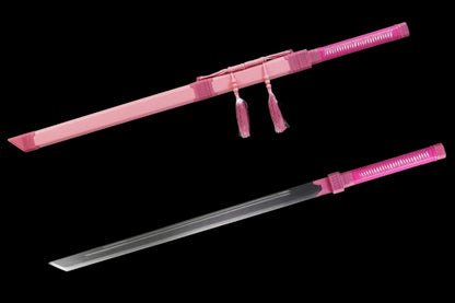 Pink Sakura Dawn Tang Dao, Full Tang, Forged High Manganese Steel, Sharp Edge, Alloy Fittings, Cord‑Wrapped Solid Wood Handle, Artificial Leather Wrapped Solid Wood Scabbard, Decorative Collectible Sword