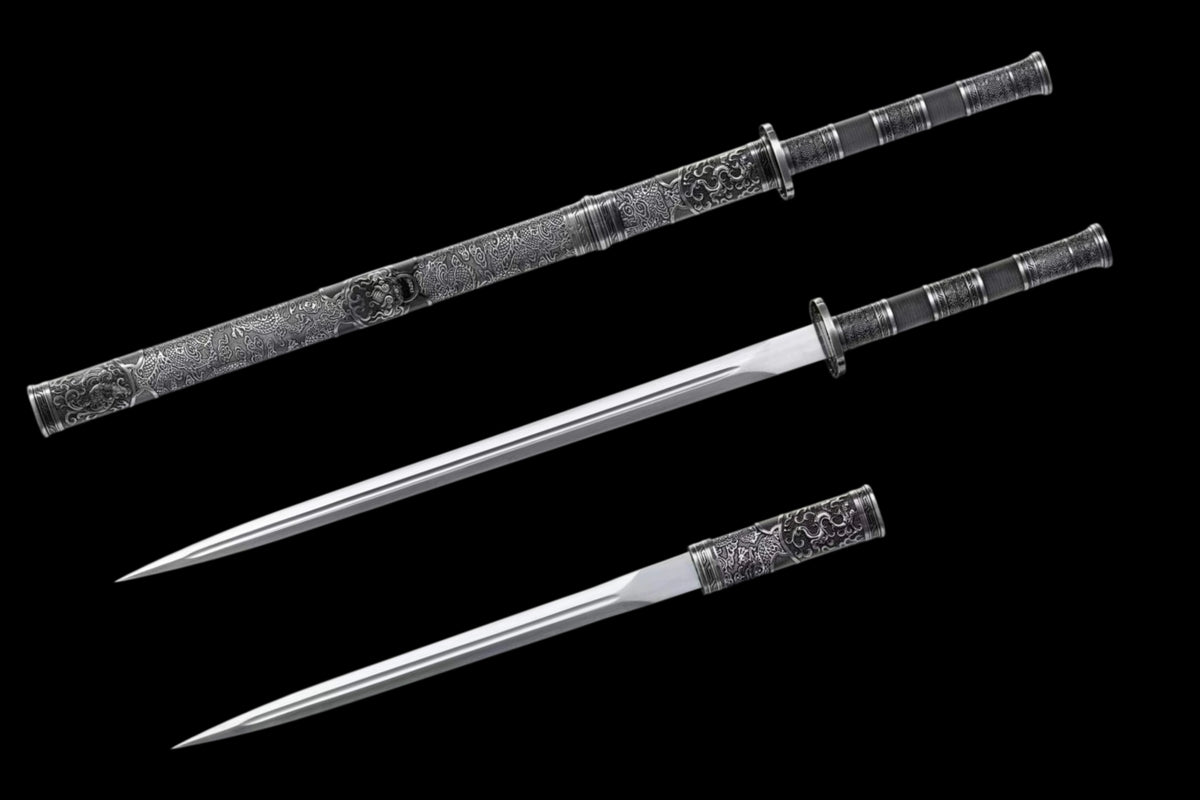 Full Tang Twin Dragon Mother & Son Sword Set, High Manganese Steel Chinese Double Sword, Sharp Blade, Antique Silver Carved Fittings, Decorative Collectible Sword