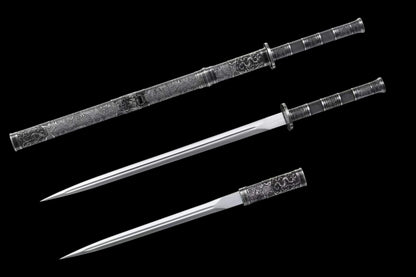 Full Tang Twin Dragon Mother & Son Sword Set, High Manganese Steel Chinese Double Sword, Sharp Blade, Antique Silver Carved Fittings, Decorative Collectible Sword