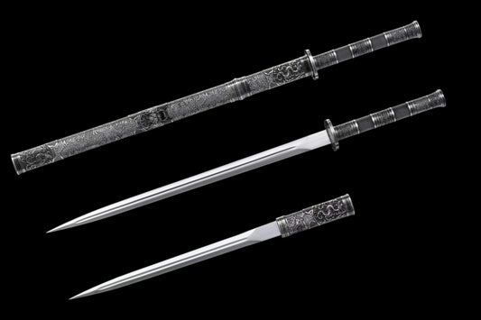 Full Tang Twin Dragon Mother & Son Sword Set, High Manganese Steel Chinese Double Sword, Sharp Blade, Antique Silver Carved Fittings, Decorative Collectible Sword