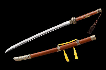 Full Tang Ding Baiying Chinese Sword, Forged Damascus Steel Sharp Blade, Brass Engraved Fittings, Dragon Phoenix Sandalwood Scabbard, Collectible Wuxia Sword