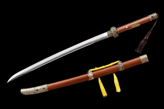 Full Tang Ding Baiying Chinese Sword, Forged Damascus Steel Sharp Blade, Brass Engraved Fittings, Dragon Phoenix Sandalwood Scabbard, Collectible Wuxia Sword