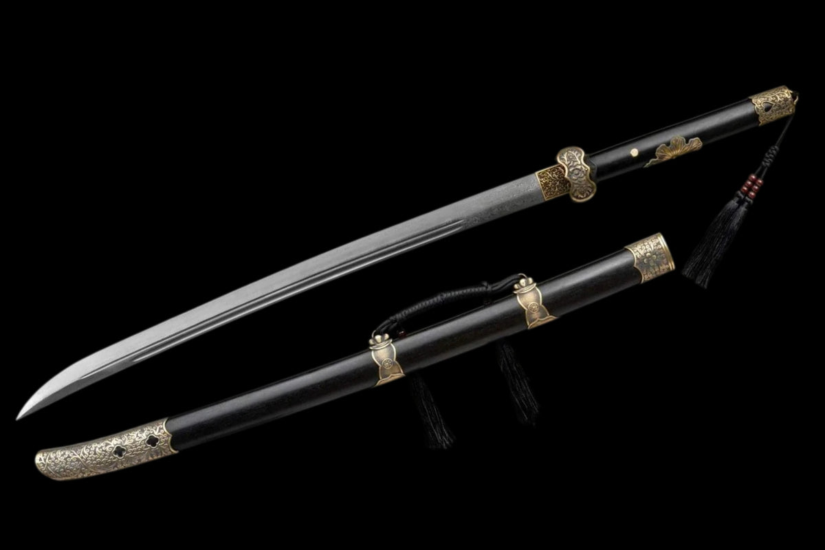 Full Tang Black Ding Baiying Chinese Sword, Forged Damascus Steel Sharp Blade, Brass Engraved Fittings, Dark Dragon Phoenix Sandalwood Scabbard, Wuxia Collectible Sword