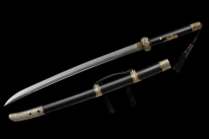 Full Tang Black Ding Baiying Chinese Sword, Forged Damascus Steel Sharp Blade, Brass Engraved Fittings, Dark Dragon Phoenix Sandalwood Scabbard, Wuxia Collectible Sword