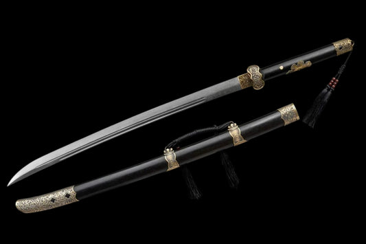 Full Tang Black Ding Baiying Chinese Sword, Forged Damascus Steel Sharp Blade, Brass Engraved Fittings, Dark Dragon Phoenix Sandalwood Scabbard, Wuxia Collectible Sword