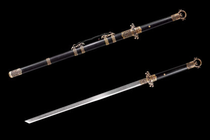 Taotao Ring Pommel Tang Dao, Full Tang Construction, Forged Damascus Steel Blade, Sharp Edge, Brass Taotao Carved Fittings, Premium Dragon Phoenix Rosewood Scabbard & Handle, Collectible Decorative Chinese Sword