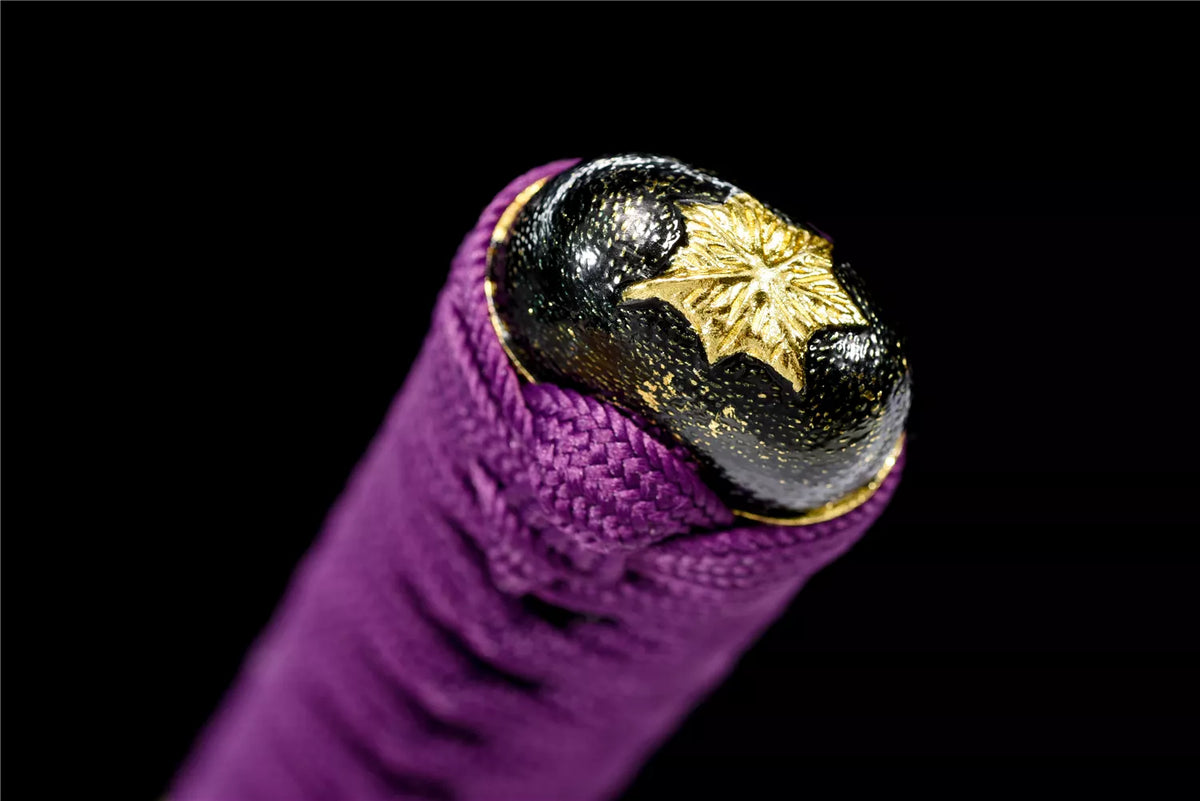 Purple Ginkgo Katana, Full Tang Construction, Forged Damascus Steel Blade, Sharp Edge, Lacquer Painted Solid Wood Scabbard, Collectible Decorative Japanese Sword